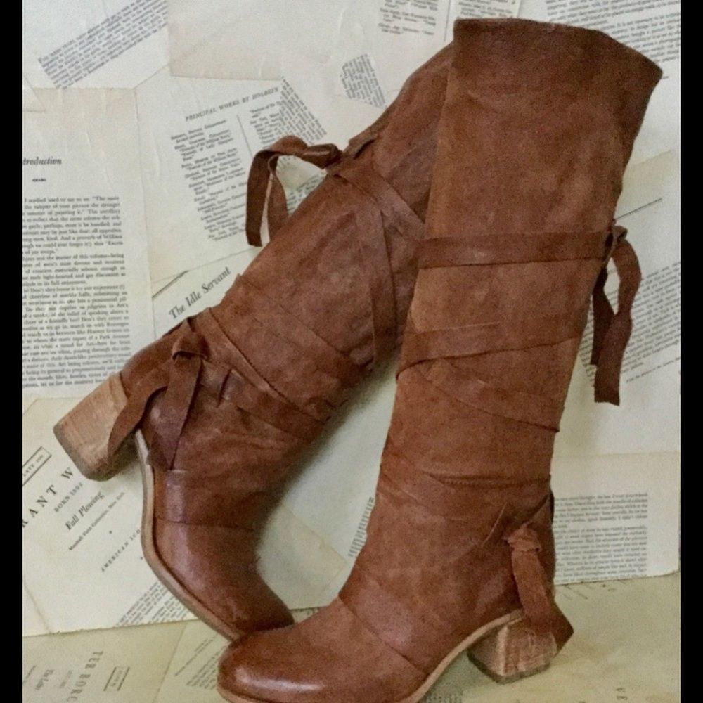 AS 98  Leather Wrap Tie Pull On Tall Heel Boots 39 - Picture 6 of 8